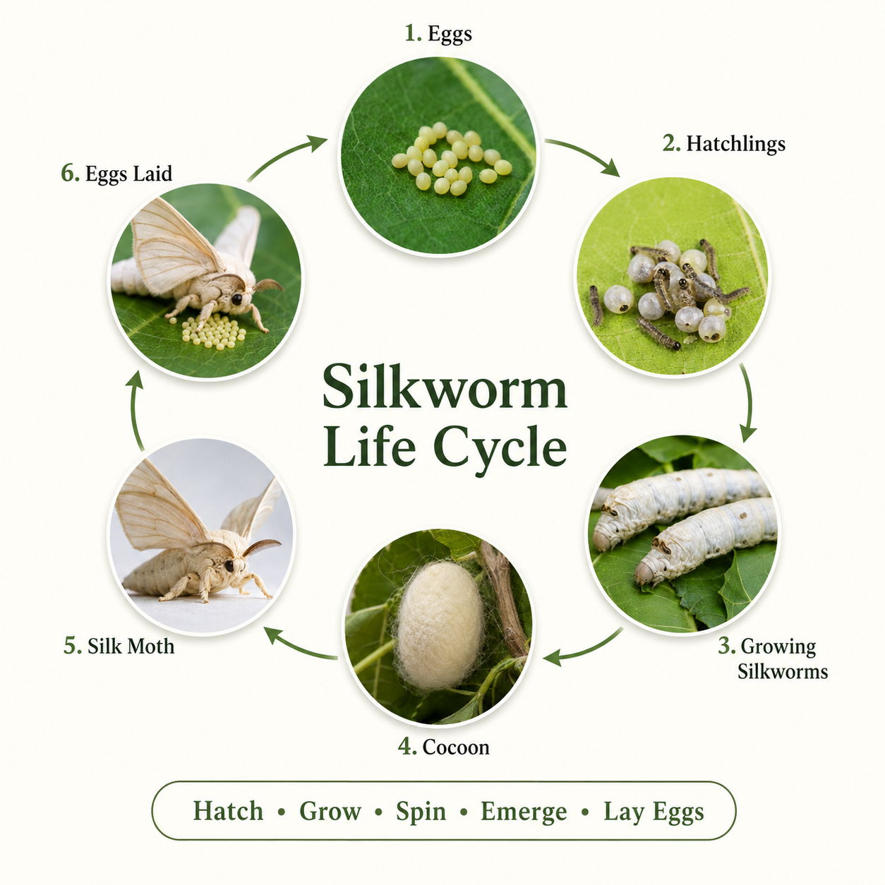 Silkworm life cycle from hatchling to cocoon and moth