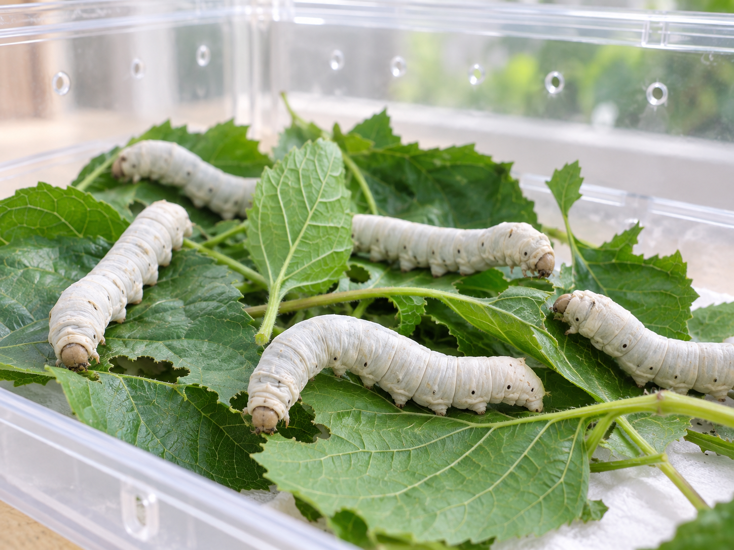 Silkworms feeding on fresh mulberry leaves inside a clear enclosure